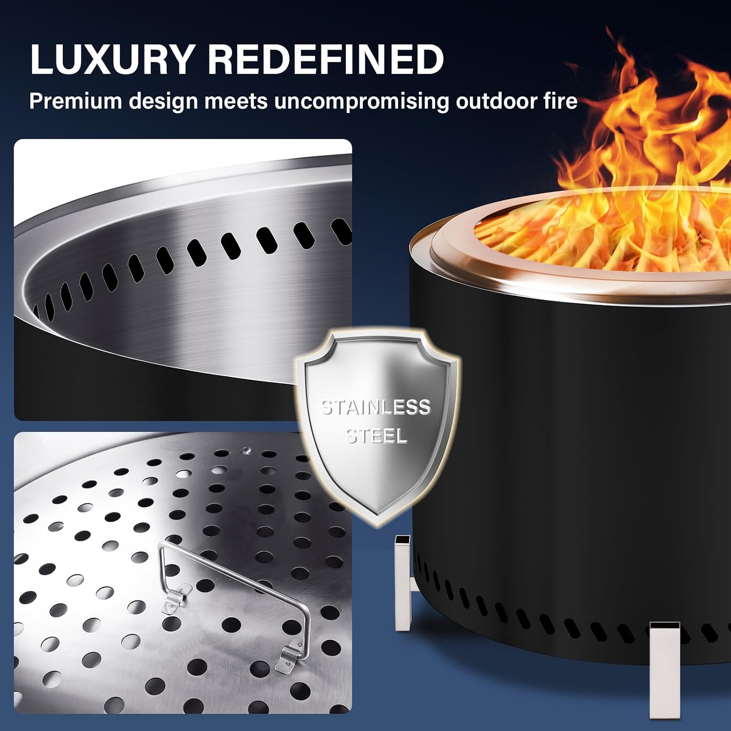 HGD 19.5' Smokeless Firepit with Stand, Stainless Steel Wood Burning Fire Pit for Friends & Family Gatherings, Secondary Combustion Outdoor Patio Stove for Garden BBQ & Bonfire (Black)