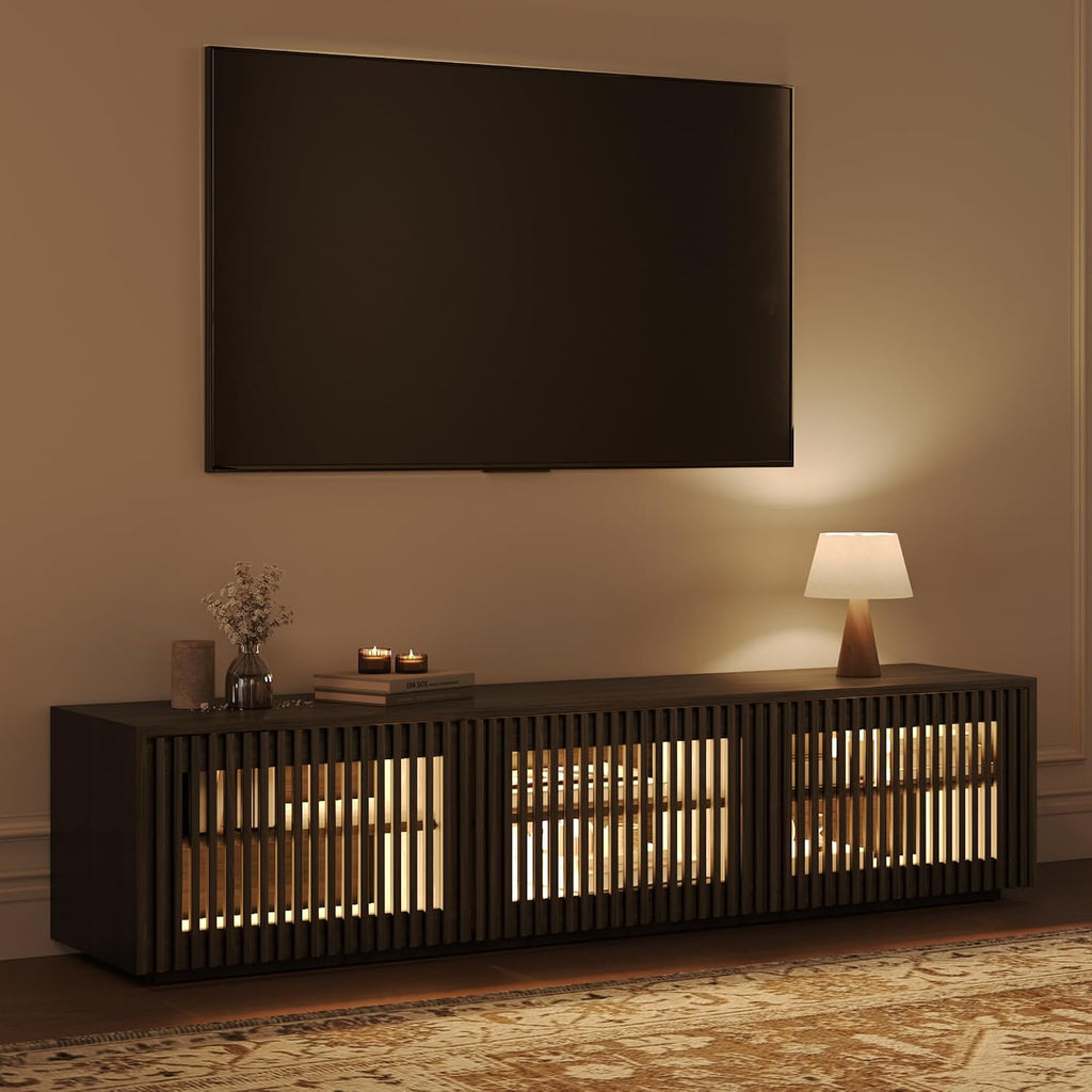 POVISON Mid Century Modern Wood Slatted TV Stand with LED Lights, Media Console for 70+ Inch TV, Entertainment Center with Storage Cabinet for Living Room, Fully-Assembled (Black, 70.87')