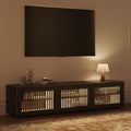 POVISON Mid Century Modern Wood Slatted TV Stand with LED Lights, Media Console for 70+ Inch TV, Entertainment Center with Storage Cabinet for Living Room, Fully-Assembled (Black, 70.87')