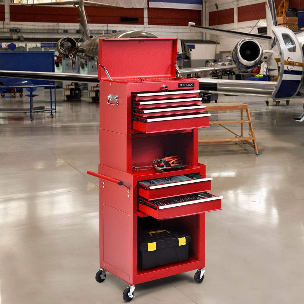 IRONMAX 6-Drawer Tool Cabinet on Wheels, Lockable 3 in 1 Heavy Duty Toolbox Organizer w/ 4 Universal Wheels & Hooks, Detachable Metal Tool Chest for Garage, Warehouse, Repair Shop (Red)