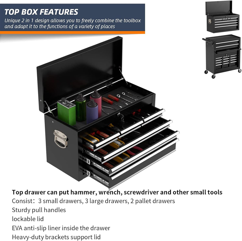8-Drawer Rolling Tool Box, Lockable Rolling Tool Chest with Wheels and Drawers, 2 in 1 Large Capacity Storage Tool Cabinet for Warehouse, Garage, Tool Room and Repair Shop (Black)