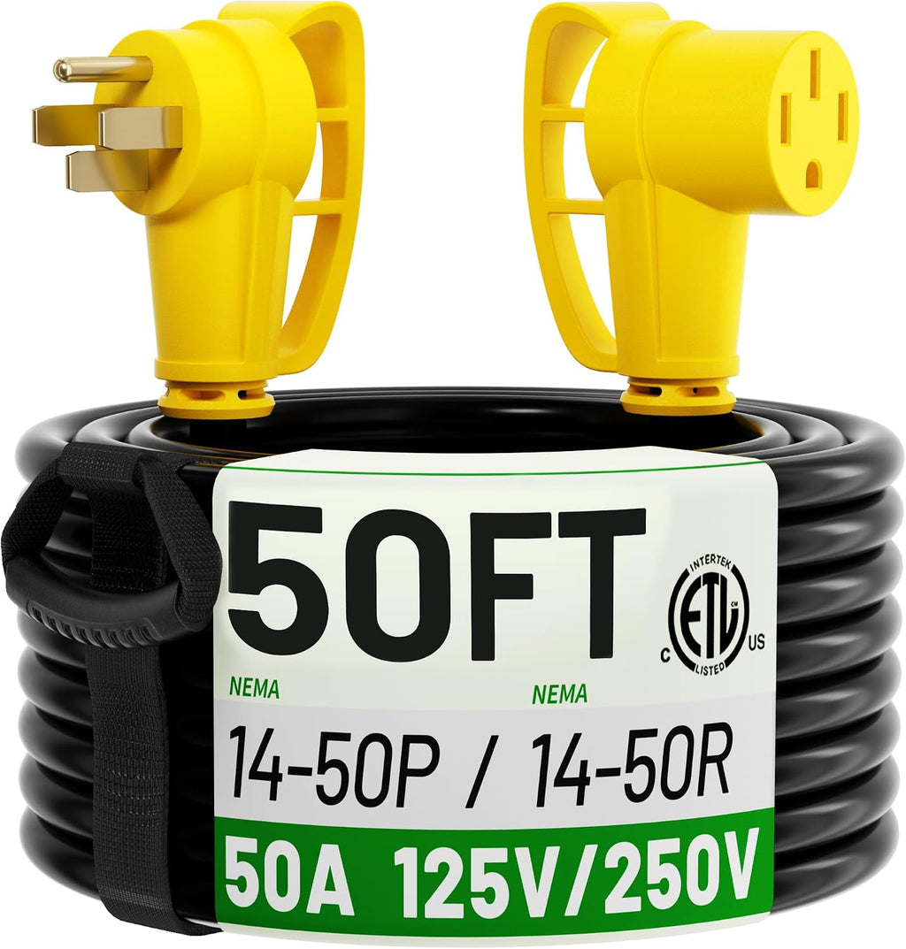 POWGRN NEMA 14-50P to NEMA 14-50R 50 Amp RV/EV Extension Cord 50 FT Outdoor with Grip Handle, Flexible Heavy Duty RV Power Cord Waterproof, 50A 125/250V 6250/12500W STW, Black-Yellow, ETL Listed