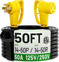 POWGRN NEMA 14-50P to NEMA 14-50R 50 Amp RV/EV Extension Cord 50 FT Outdoor with Grip Handle, Flexible Heavy Duty RV Power Cord Waterproof, 50A 125/250V 6250/12500W STW, Black-Yellow, ETL Listed