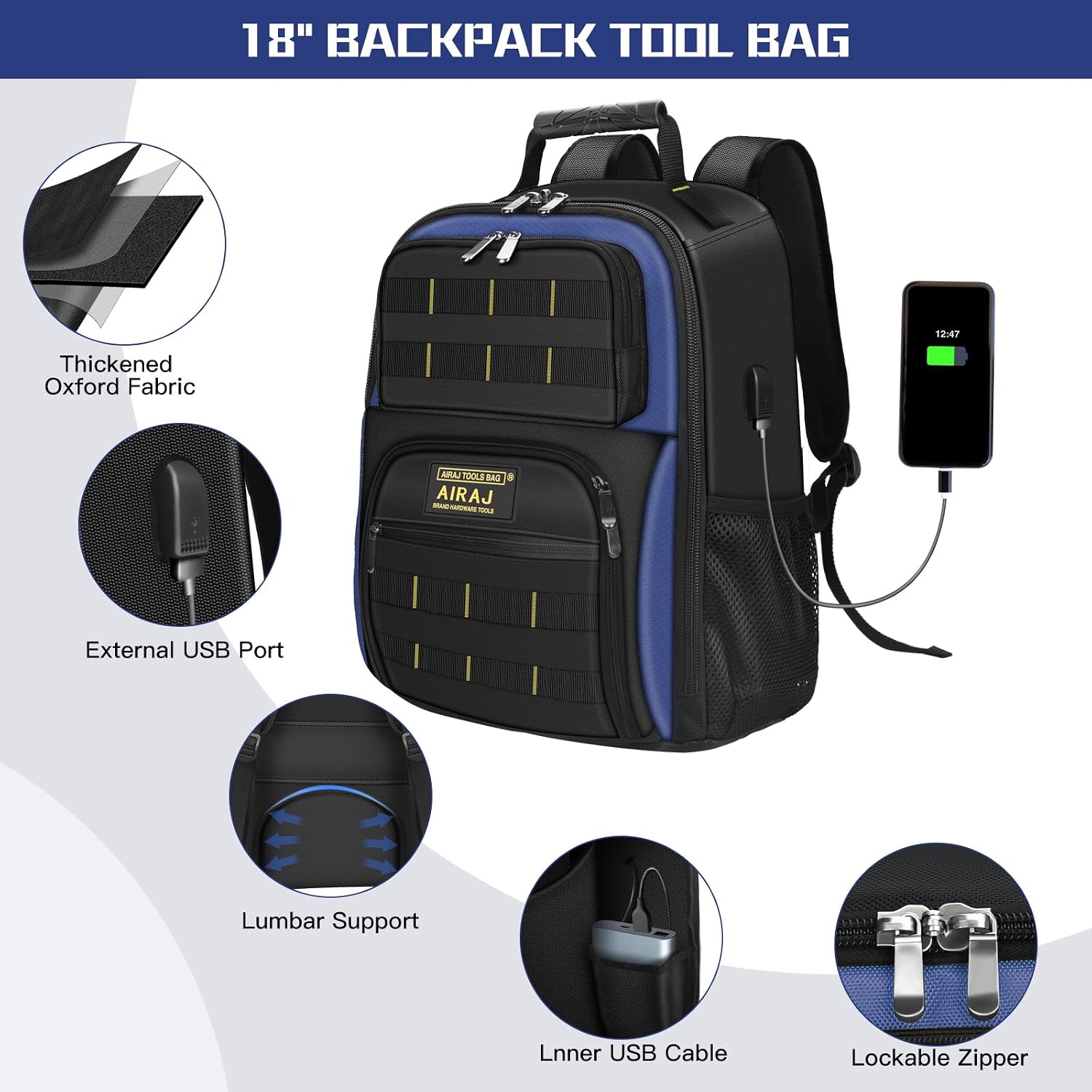AIRAJ 21' Rolling Tool Bag with Wheels & 18' Tool Backpack Set | Adjustable Telescoping Handle | Waterproof Tool Bag | Tool Backpack Heavy Duty | 1680D Oxford Cloth | USB Charging Port | 55 Pockets