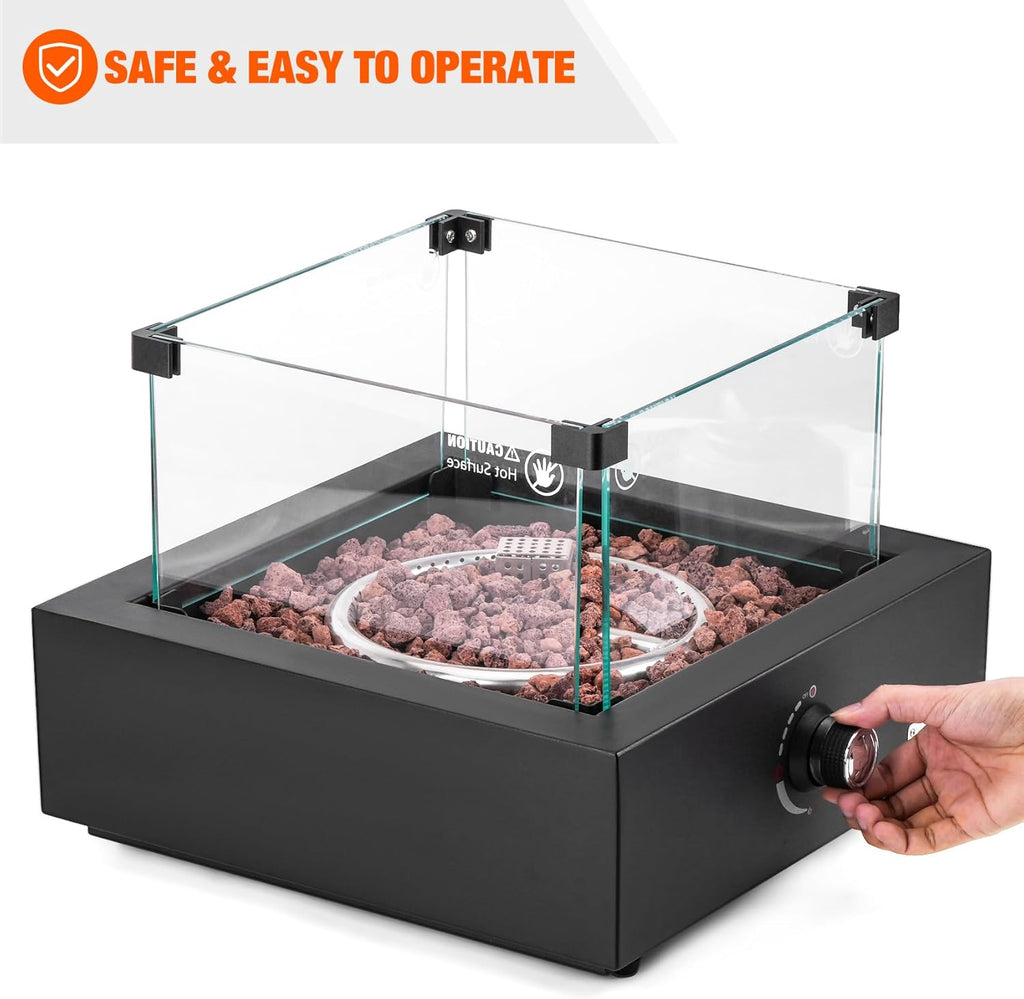 15.7' Portable Propane Gas Fire Pit Side-Mounted, Modern Tabletop Fireplace Smokeless Firepit with Glass Wind Guard for Patio Camping RV Tailgating, 23000BTU, Squre FP040