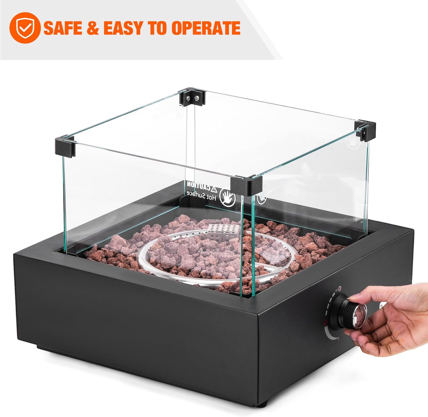 15.7' Portable Propane Gas Fire Pit Side-Mounted, Modern Tabletop Fireplace Smokeless Firepit with Glass Wind Guard for Patio Camping RV Tailgating, 23000BTU, Squre FP040