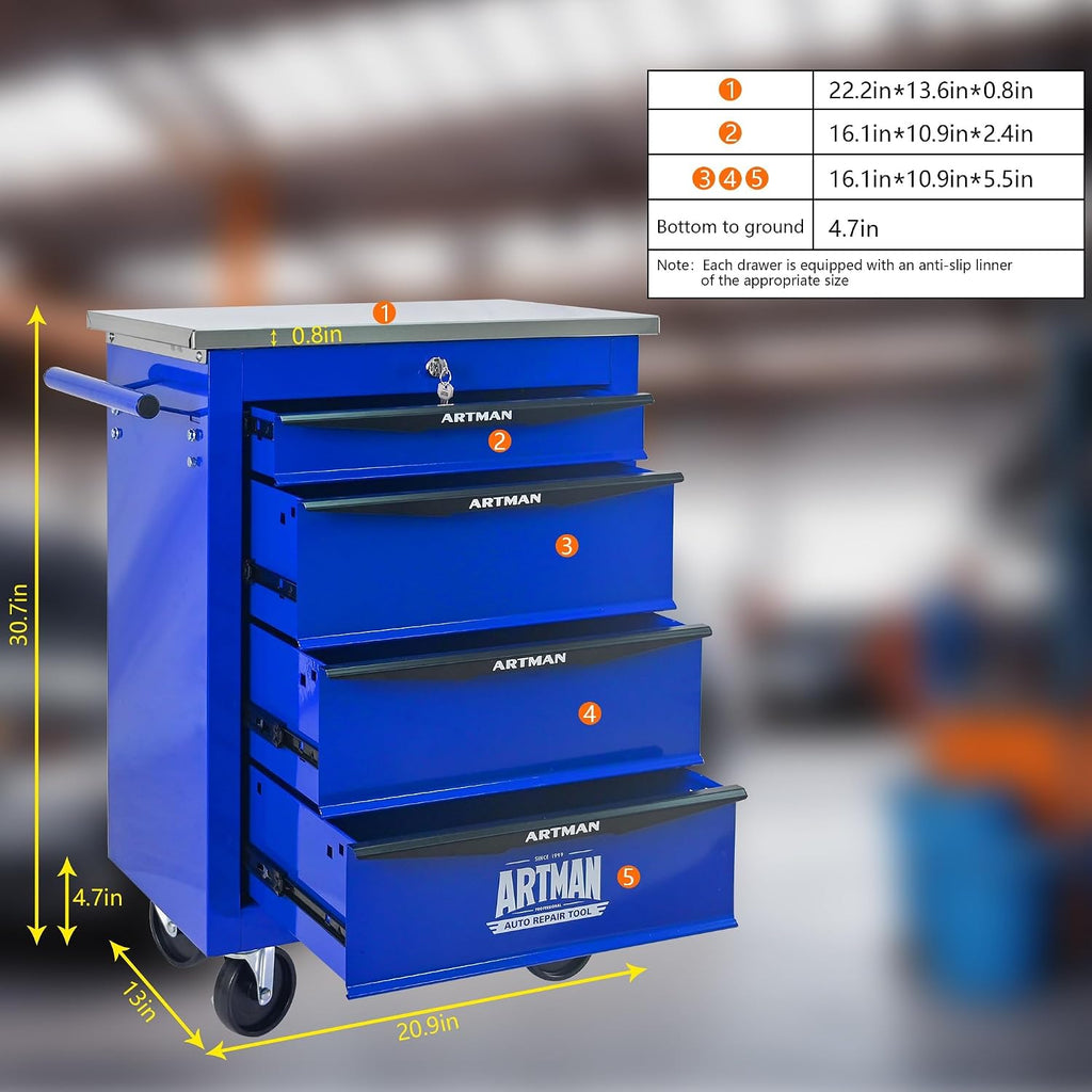 4-Drawer Heavy-Duty Rolling Tool Chest with Wheels & Steel Roof, Lockable Tool Chest Storage Cabinet for Garage, Workshop, Warehouse, and Repair Shop