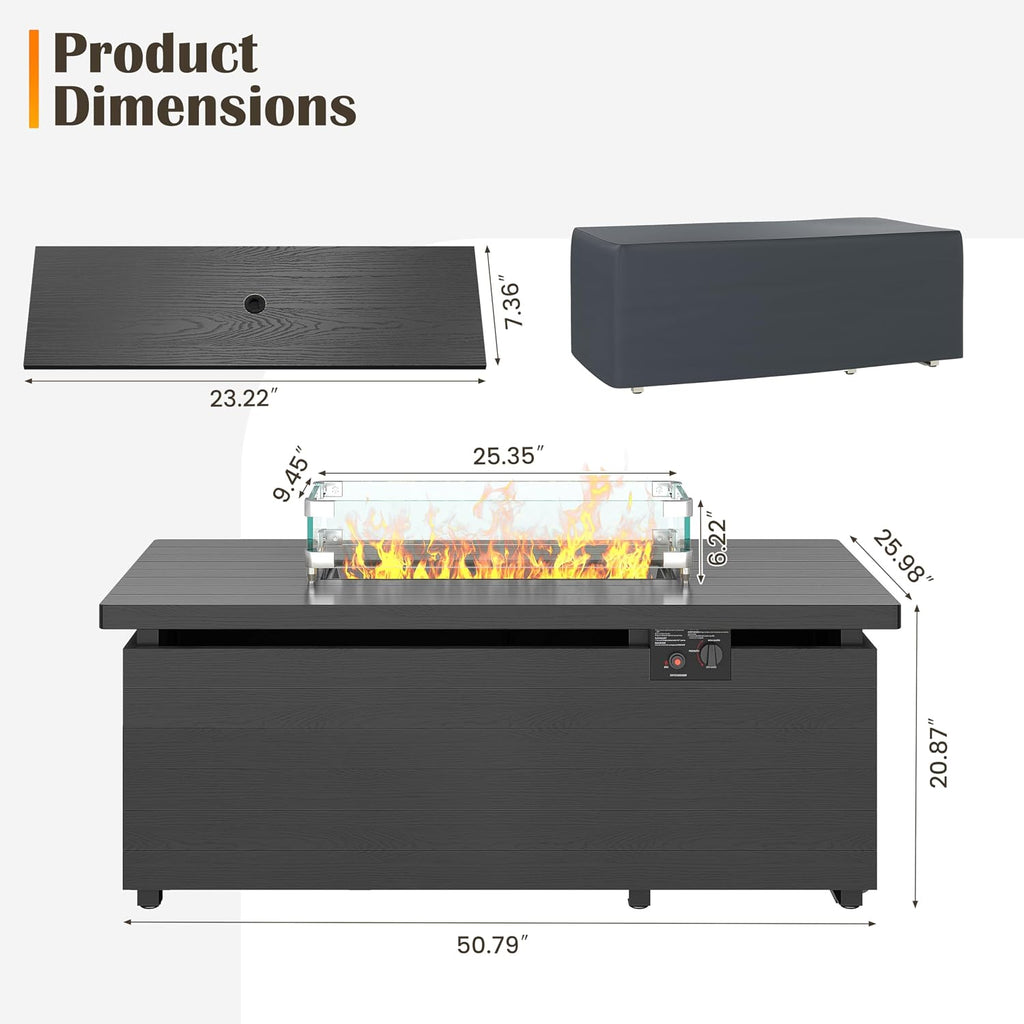 Sundale Outdoor 51 Inch Outdoor Fire Pit Table, 50,000BTU Rectangle Propane Fire Pit with Sliding Tank Holder, Glass Wind Guard, Removable Lid, CSA Certified, Gray