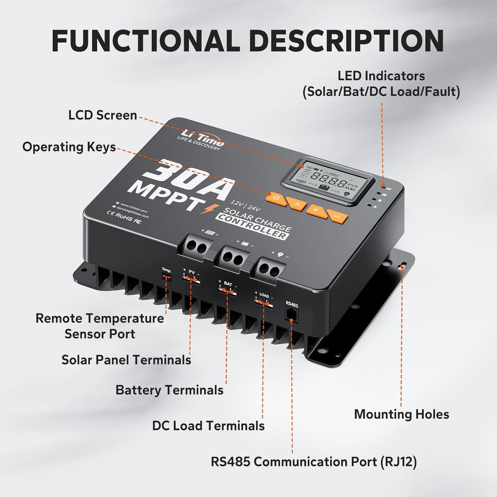 LiTime 30 Amp MPPT 12V/24V/Auto DC Input Solar Charge Controller Build-in Bluetooth Module, Parameter Adjustable LCD Display LED Indicators Solar Panel
