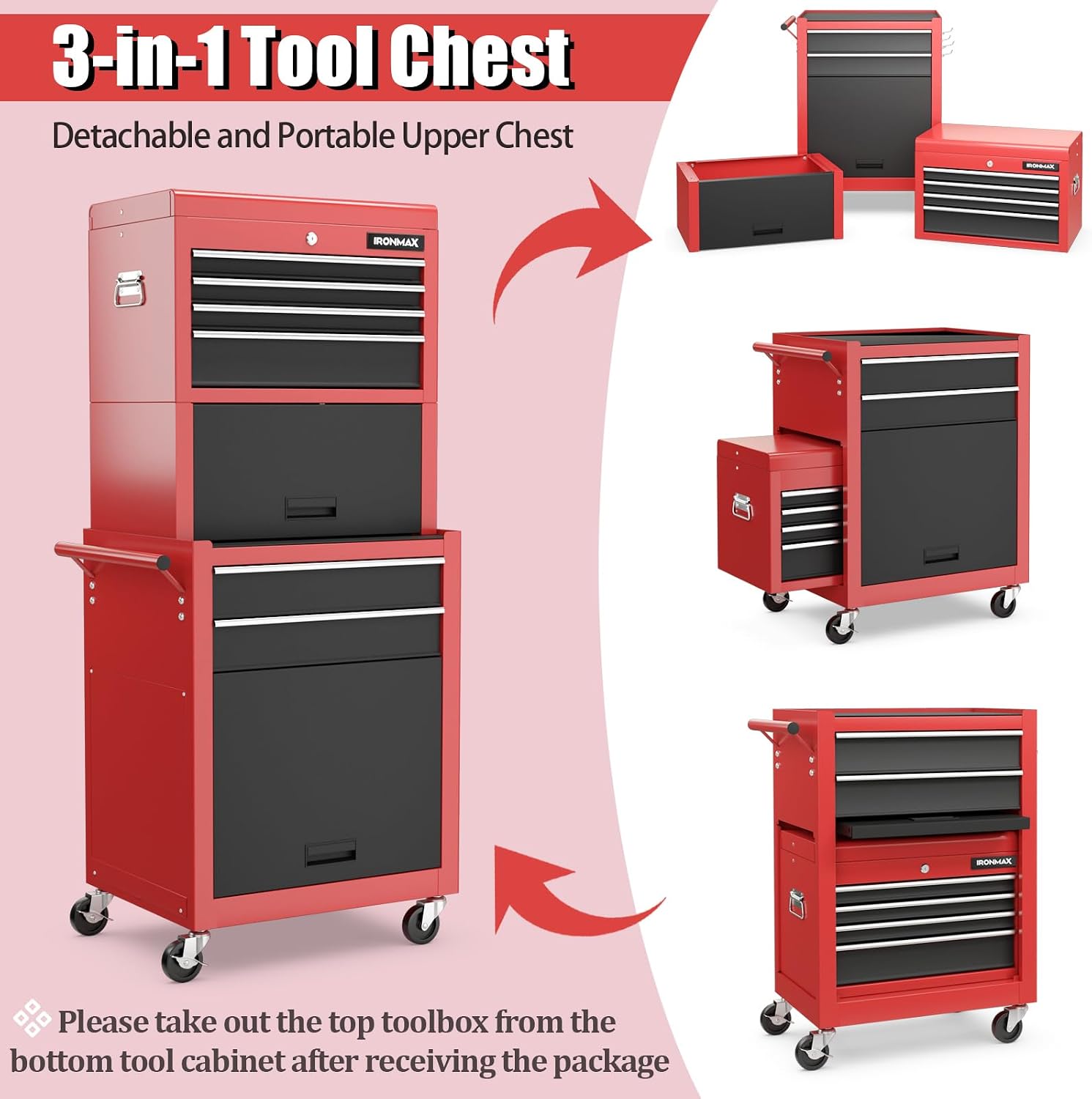 IRONMAX Tool Cabinet on Wheels, 6-Drawer Lockable Rolling Tool Chest w/ 4 Universal Wheels, 2 in 1 Detachable Tool Box Storage Organizer for Garage Workshop Repair Shop, Black & Red