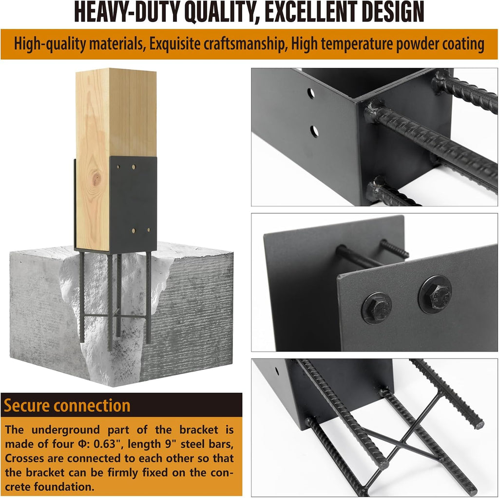 4 pack Heavy Duty Stainless Steels U-Shape 6'x6'(Actual 5.5'x5.5') Wet Concrete Fence Post Holder for Terrace psot base, Wood Gazebo, Fences, Deck railings wood post bracket anchors (Dark Grey)