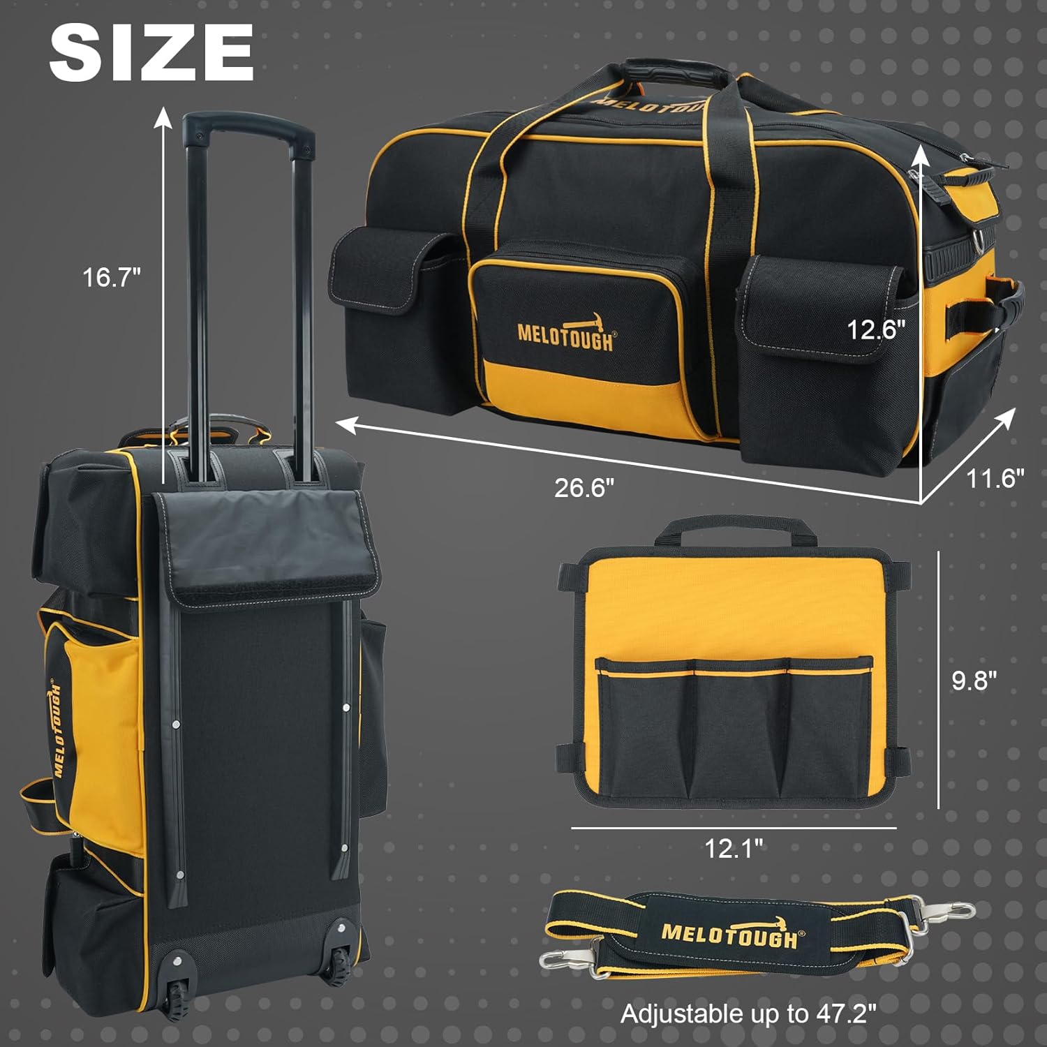MELOTOUGH Rolling Tool Bag with Wheels,Large Capacity Tool Bag Organizer with Concealed Telescoping Handle for Electrician,Construction,HVAC,Technician (Yellow/Black)