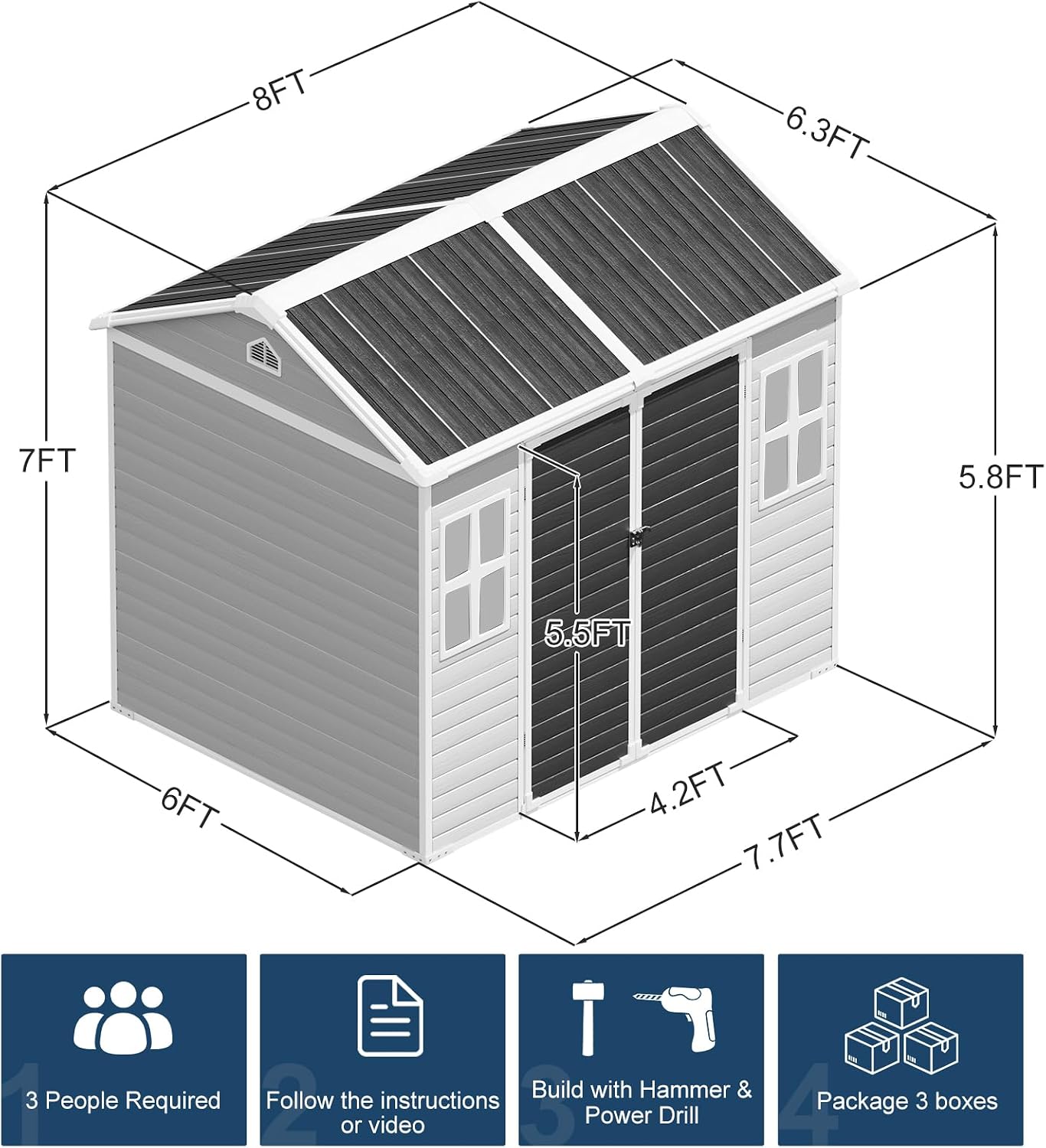 8x6 FT Resin Storage Sheds with Floor Windows, Waterproof Plastic Outdoor Shed Kit, Outside Tools Sheds for Backyard Garden Patio Lawn
