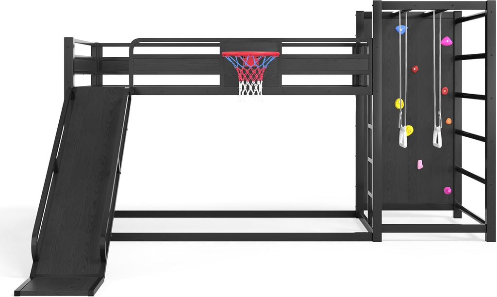 SOFTSEA Twin XL Metal Loft Bed with Slide & Basketball Hoop, Heavy Duty Bunk Bed with Storage Shelves, Climbing Wall & Pull Up Rings, Playful Basketball Slide Bed Frame, Black