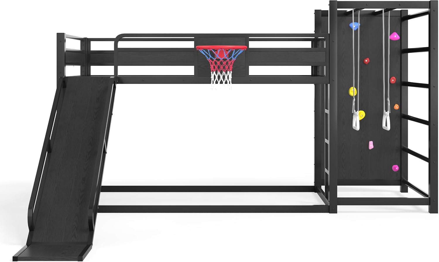 SOFTSEA Twin XL Metal Loft Bed with Slide & Basketball Hoop, Heavy Duty Bunk Bed with Storage Shelves, Climbing Wall & Pull Up Rings, Playful Basketball Slide Bed Frame, Black