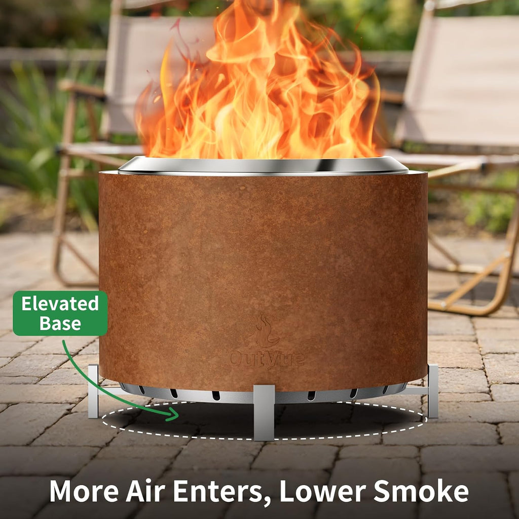 OutVue Stainless Steel Smokeless Fire Pit, Outdoor Smokeless Firepit, Wood Burning Fire Pits for Bonfire, Patio, Camping, Low Smoke Firepit for Outside (Rusty, 27 Inch)