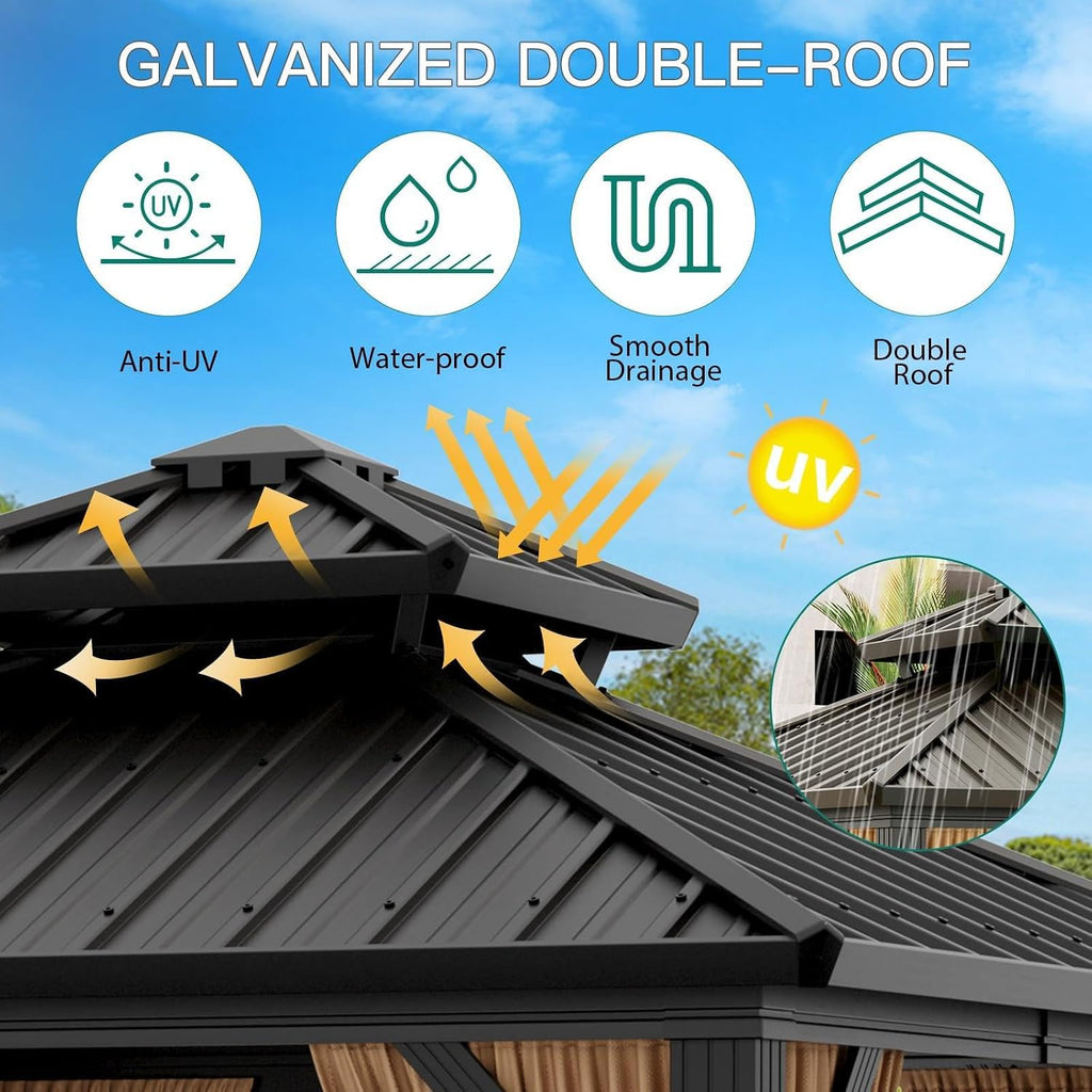 GAOMON 10x10/12 Ft Heavy-Duty Hardtop Pavilion – Double Roof Galvanized Steel Gazebo with Nettings & Curtains for Deck, Lawn & Patio, Brown+Black