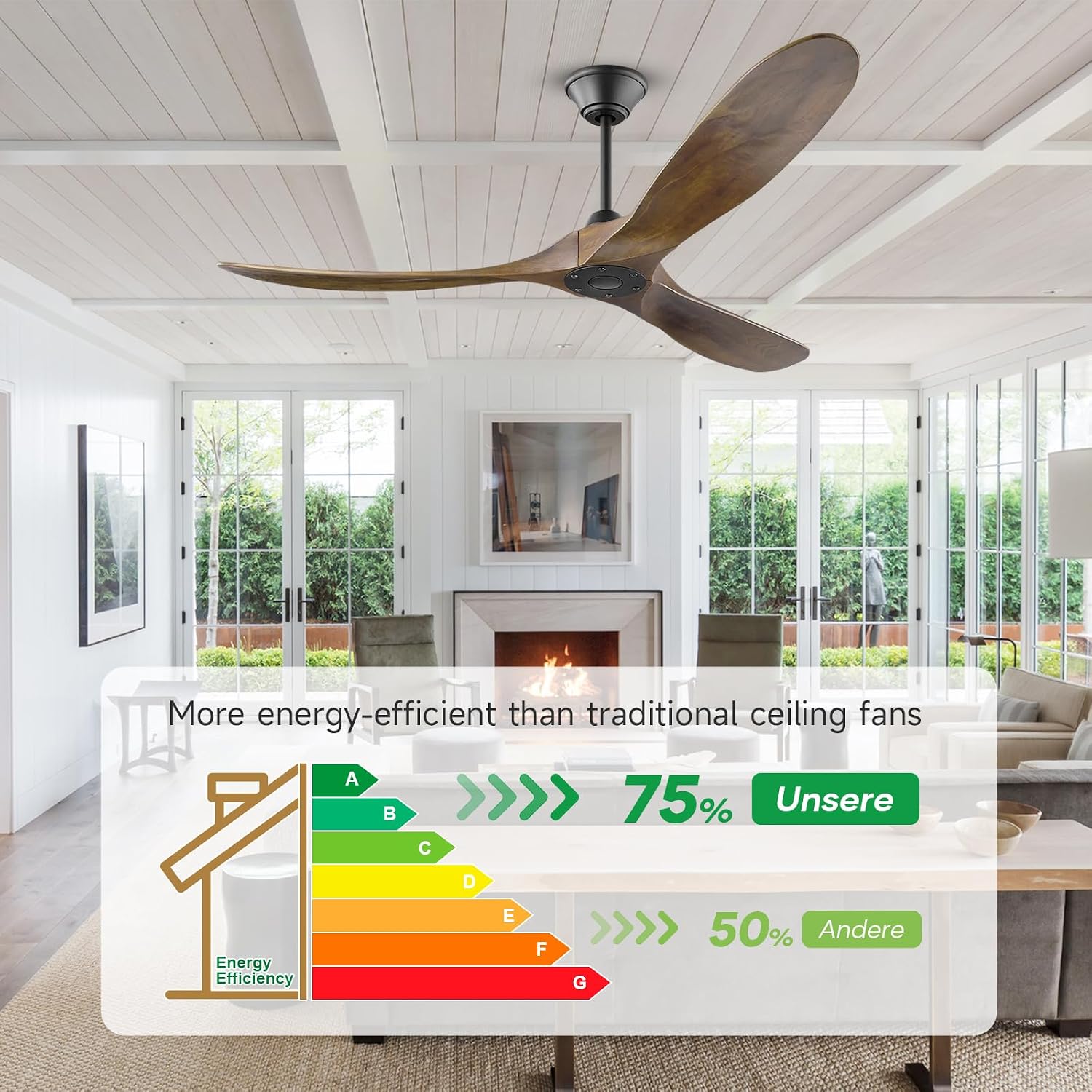 Wood Ceiling Fan without Light, 60 Inch Indoor Outdoor Ceiling Fan with Remote no Light, 3 Blade Large Airflow Propeller Fan for Farmhouse Patios Gazebo, Reversible DC Motor, 3 Downrods