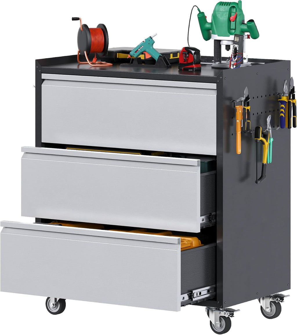 Aobabo Metal Garage Storage Cabinet with Wheels, 3-Drawer Rolling Tool Chest with Lockable Casters and Pegboards for Workshop Office, 35.43' H x 30.31' W x 18.11' D, Assembly Required, Black/Gray