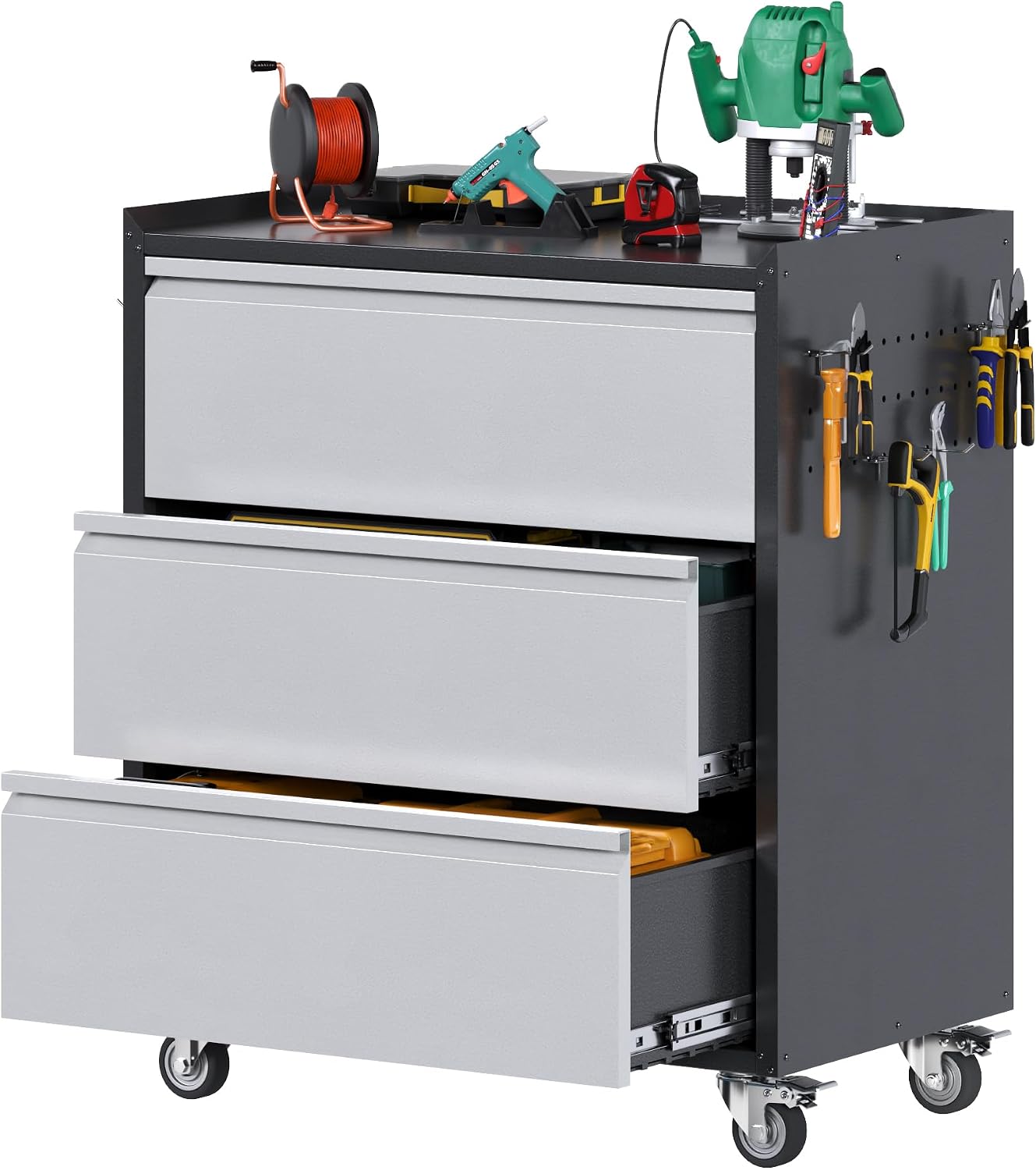 Aobabo Metal Garage Storage Cabinet with Wheels, 3-Drawer Rolling Tool Chest with Lockable Casters and Pegboards for Workshop Office, 35.43' H x 30.31' W x 18.11' D, Assembly Required, Black/Gray
