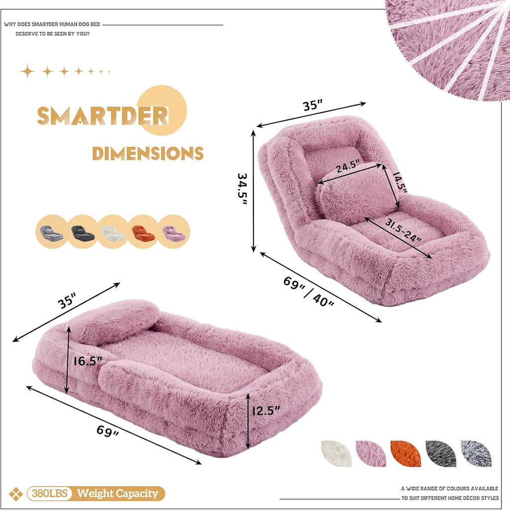Adjustable Plush Human Dog Bed Lounger for Adult, 5-Position Foldable Lazy Lounge Sofa, Large Size Bean Bag Chair with Pillow, Folding Floor Chair for Living Room, Bedroom, Gaming Room, Pink