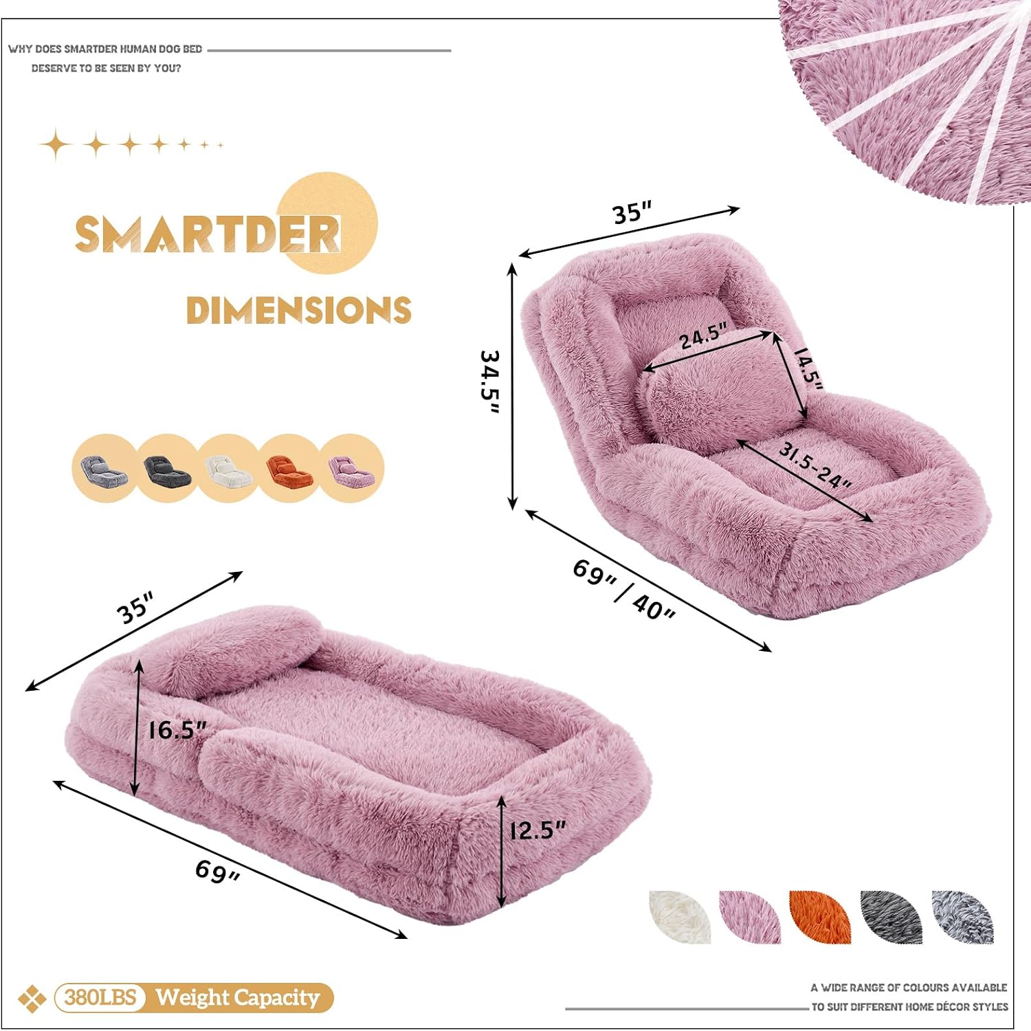 Adjustable Plush Human Dog Bed Lounger for Adult, 5-Position Foldable Lazy Lounge Sofa, Large Size Bean Bag Chair with Pillow, Folding Floor Chair for Living Room, Bedroom, Gaming Room, Pink