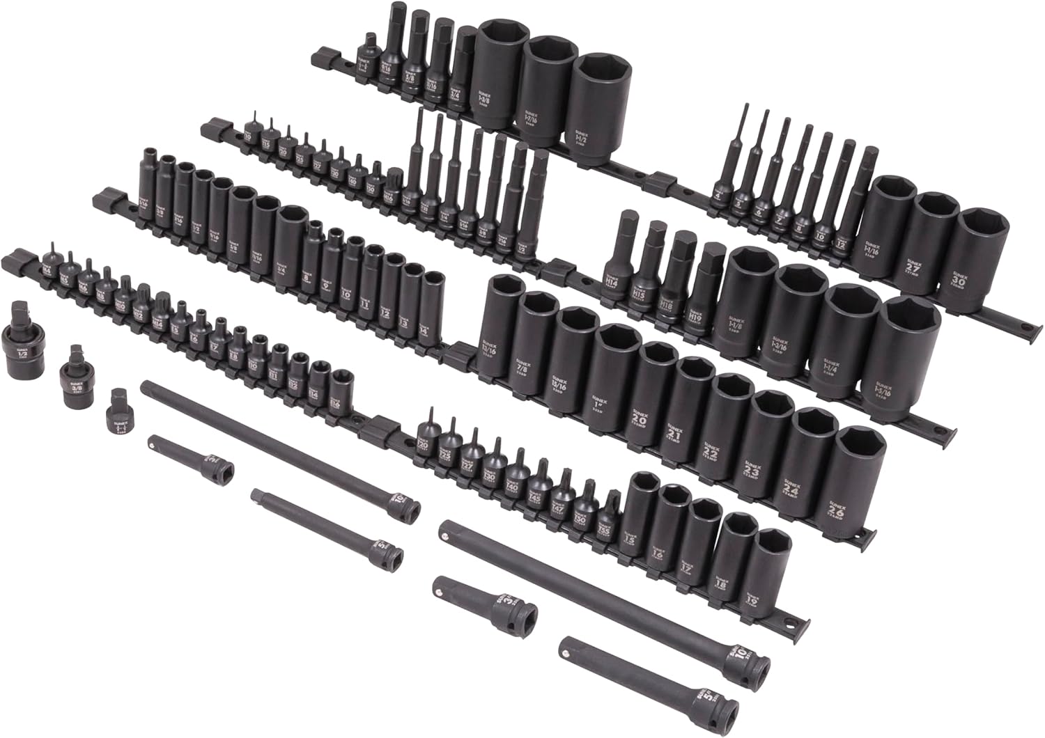 Sunex Tools 3/8' & 1/2' Drive SAE & Metric 6 Point Standard & Deep with Star (E and Tamperproof), Triple Square, & Hex Bit, 106-Piece, Model 10105