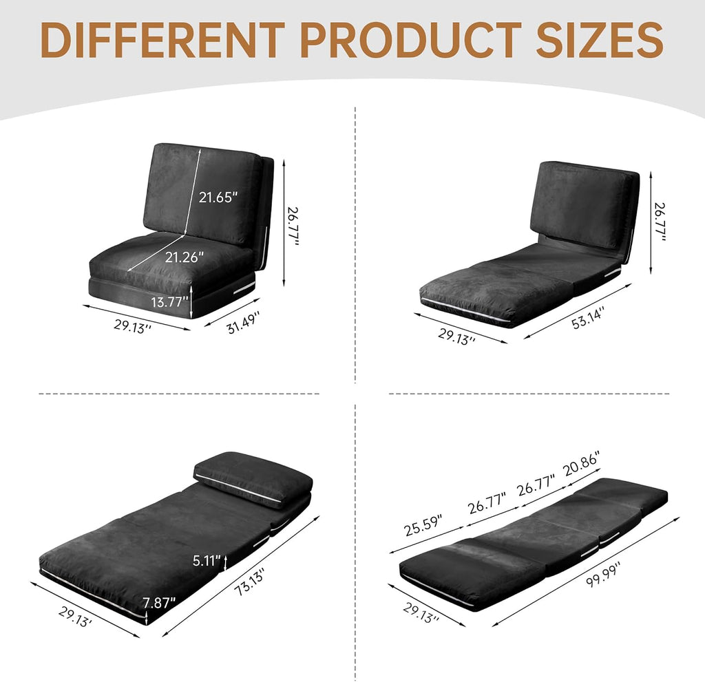 Cvortll 4-in-1 Folding Sofa Bed, Memory Foam Bean Bag Chair, Large Convertible Couch, Floor Foldable Sofa for Bedroom, Living Room, Apartment (Black)