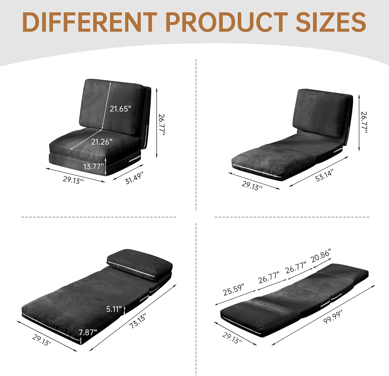 Cvortll 4-in-1 Folding Sofa Bed, Memory Foam Bean Bag Chair, Large Convertible Couch, Floor Foldable Sofa for Bedroom, Living Room, Apartment (Black)