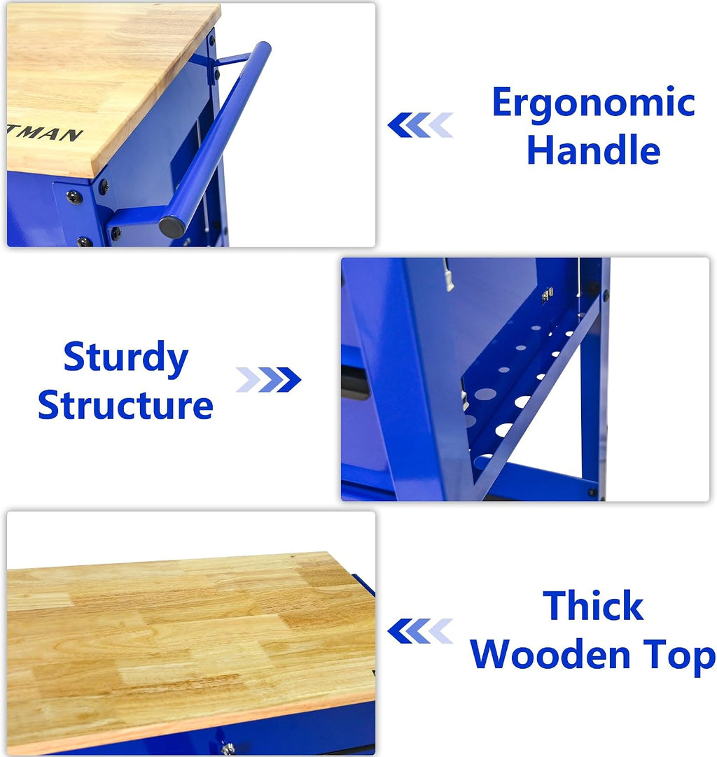 3 Drawers Tool Cart on Wheels,Tool Storage Box with Wooden Top,Drawers Rolling Tool Box Organizer Tool Case for Garage,Warehouse,Workshop,Repair Shop (3 Drawers-38.5' H-Blue&Black)
