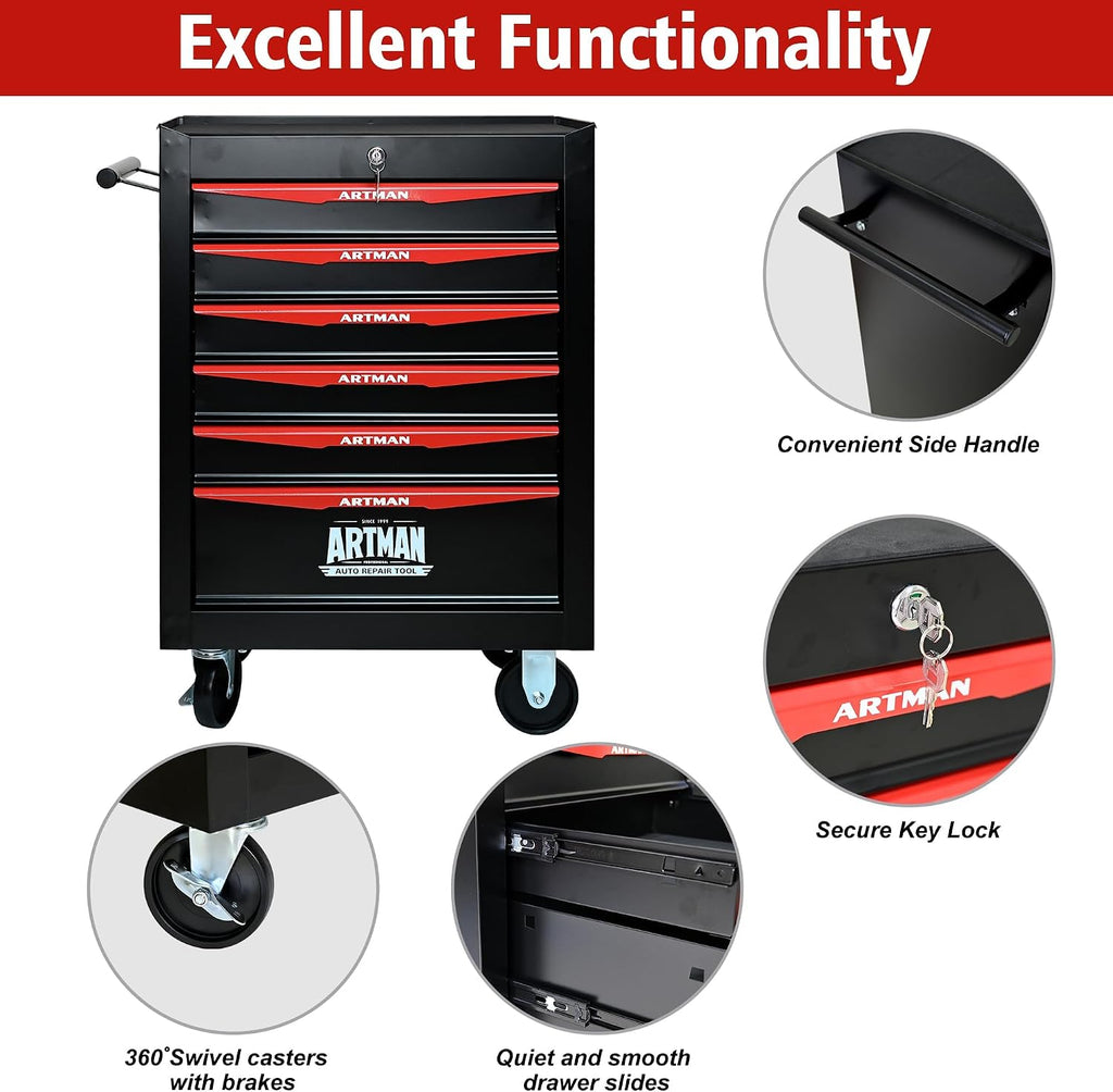 6 Drawers Tool Cart on Wheels, Multifunctional Rolling Tool Chest, Drawers Mobile Trolley Organizer Heavy Duty Tools Box with Locking Wheels & Ball Bearing Drawers (Black, 6 Drawers)