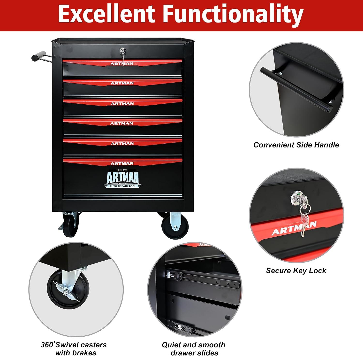 6 Drawers Tool Cart on Wheels, Multifunctional Rolling Tool Chest, Drawers Mobile Trolley Organizer Heavy Duty Tools Box with Locking Wheels & Ball Bearing Drawers (Black, 6 Drawers)