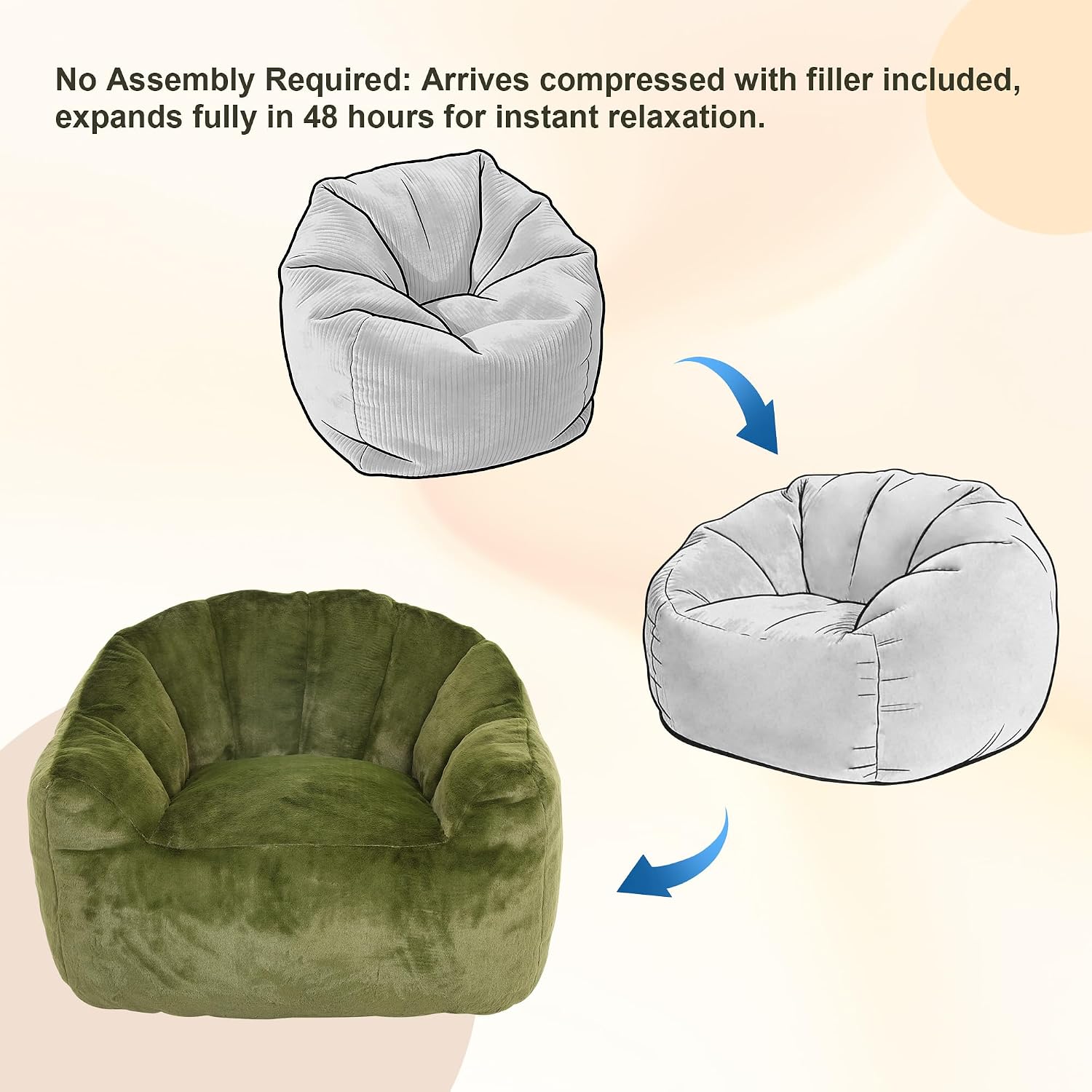 Bean Bag Chair, Bean Bag Couch for Adults and Kids, Comfy Shell-Shaped Chair with Filler Armrests Stuffed High-Density Foam Stuffed Sofa Lounge Floor Sofa for Bedroom,Gaming, Reading,Green