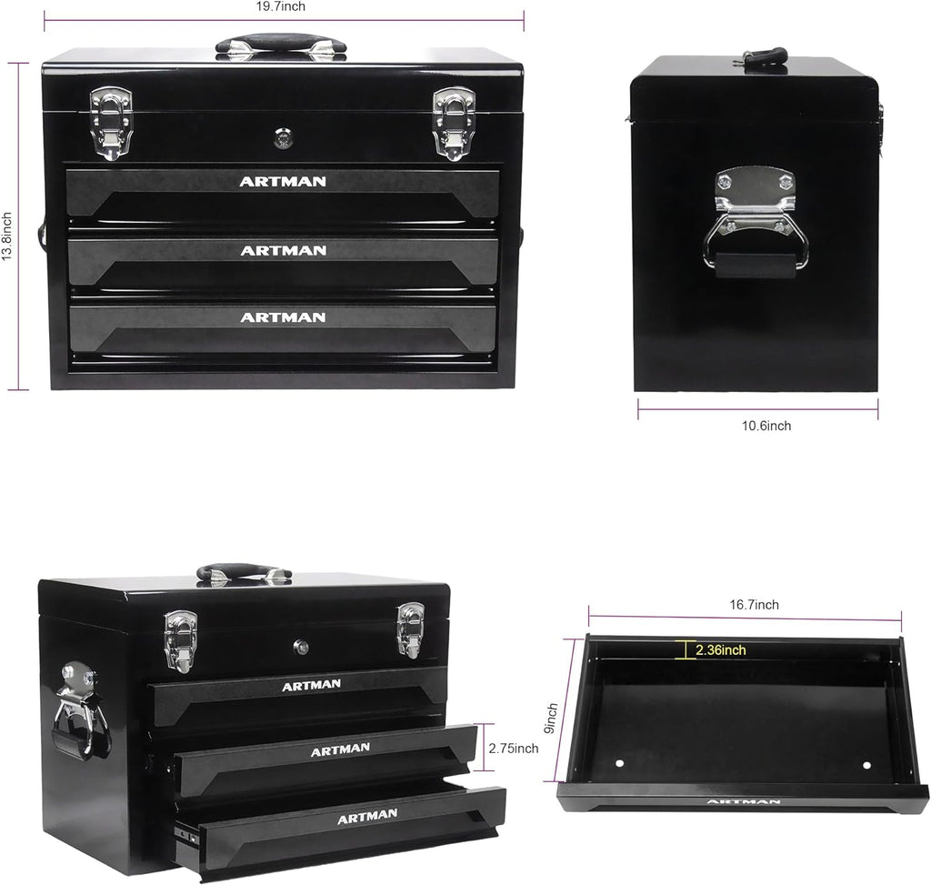 Mini Tool Box, Key Locking System with Tool Set, Portable Steel Tool Box with Drawers, Small Toolbox for Organizing Tools in Garage, Home, Warehouse