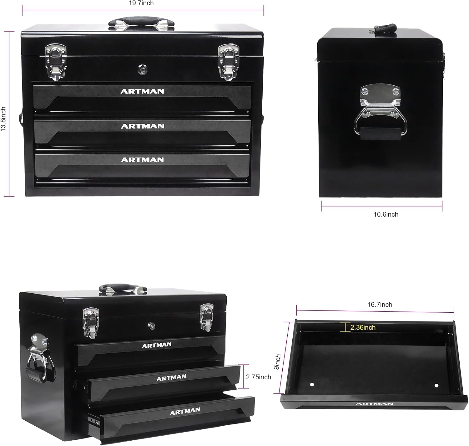 439-Piece Mechanic Tool Set in Heavy-Duty 3-Drawer Steel Box with 4-Tier Socket, Wrenches & Pliers. Portable Household Tool Kit Organizer Case for Auto Repair, Garage, Workshop. Black