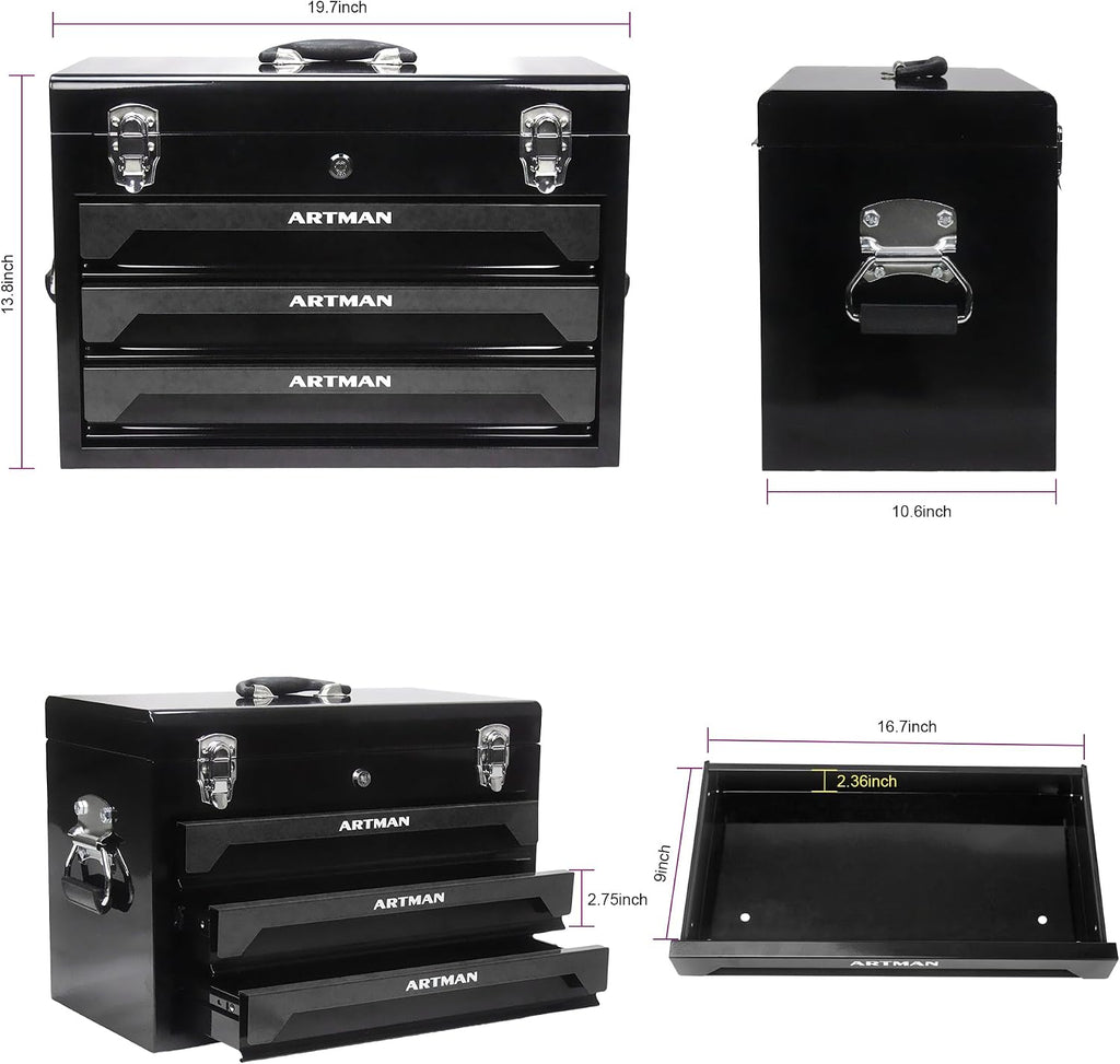 20' Portable 3 Drawer Steel Toolbox,Built in Tool Set,4 Layers of Tools with Metal Latches, with Top Storage Tray and carrying Handle, Multi-Function Tool Storage for Garage, Home,or Workbench