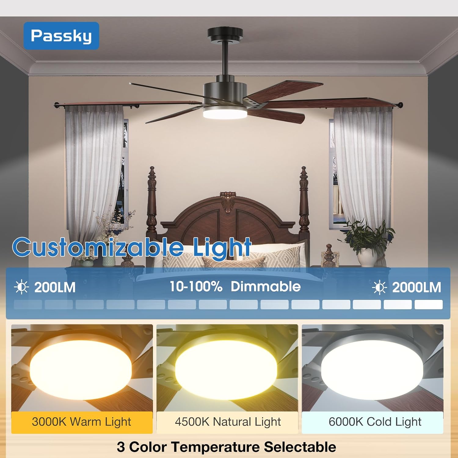 Passky Ceiling Fans with Lights, 60 inch Ceiling Fan with Light and Remote Control, 3CCT, Dimmable, Reversible, Noiseless, Black Contemporary Ceiling Fan for Bedroom, Living Room