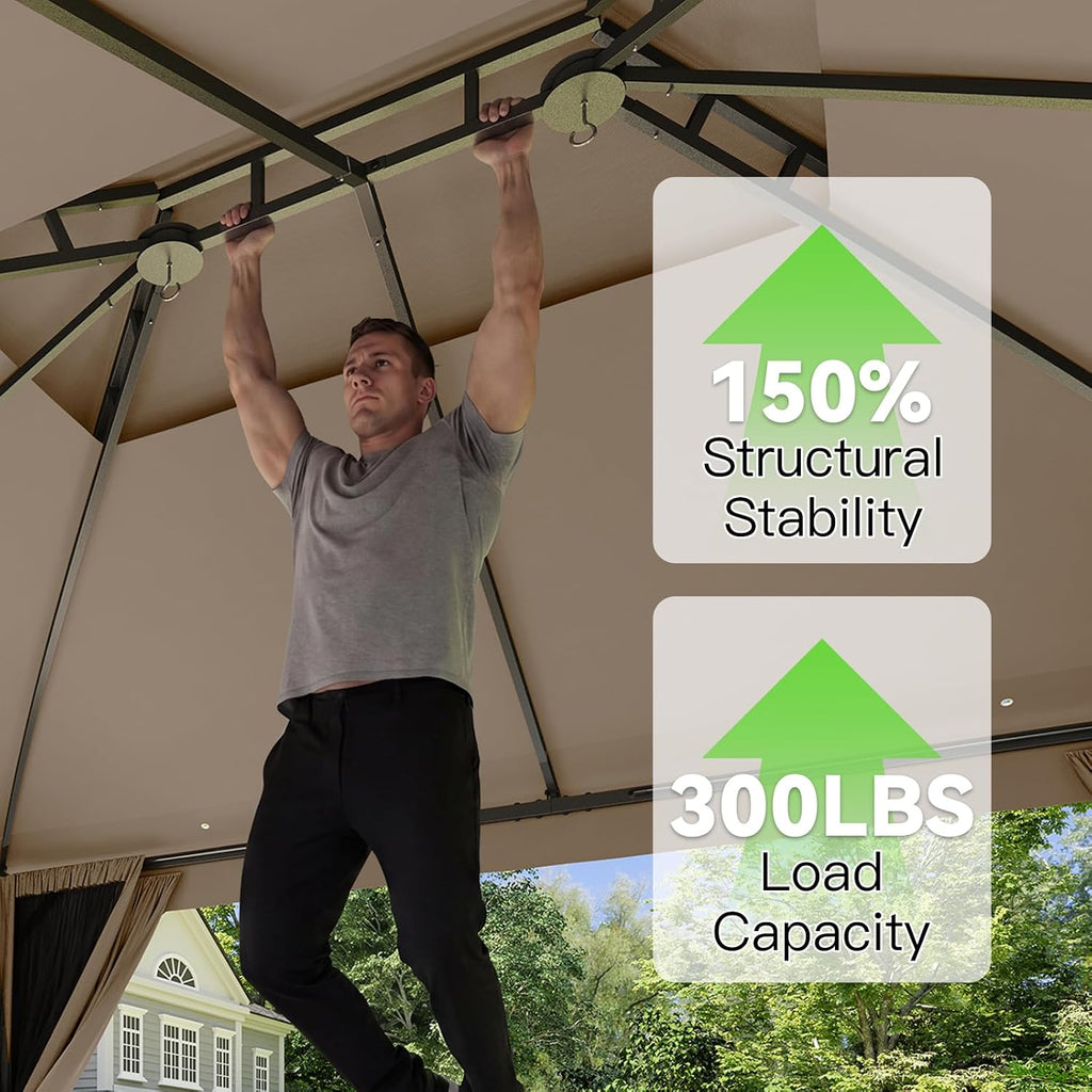 Aoxun 10x10 Outdoor Gazebo with 50FT LED Hanging Lights Metal Frame Canopy with Double Roofs Heavy Duty Party Tent Shelter with Mosquito Netting and Privacy Screen for Backyard, Lawn, Garden(Khaki)