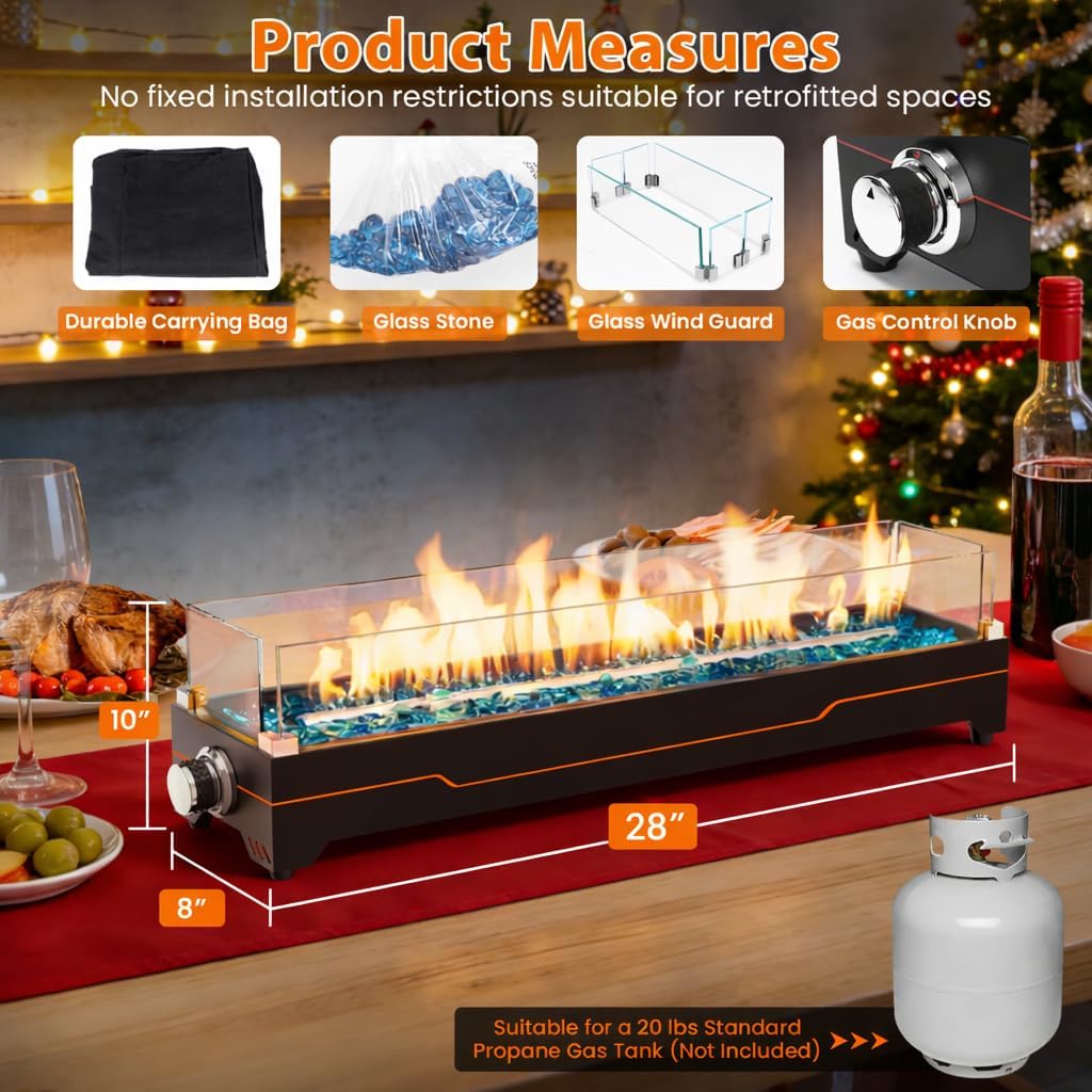GRISUN 28' Table Top Propane Fire Pit, 45,000 BTU Tabletop Gas Fire Pit, Tabletop Firepit for Patio, Outdoor Portable Fireplace, Rectangular Fire Bowl with Glass Wind Guard, Glass Beads & Cover