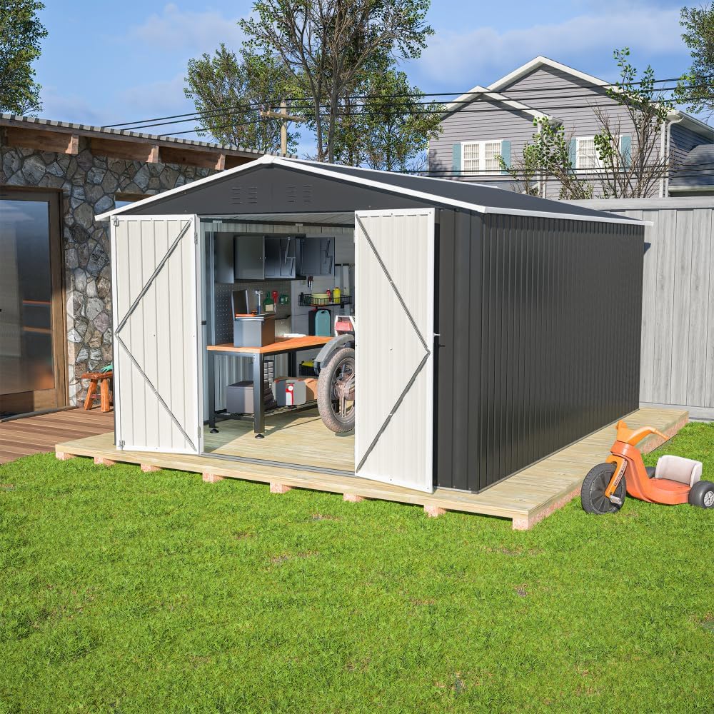 Large Outdoor Storage Shed 10x12 FT, Heavy-Duty Metal Garden Tool Organizer with Lockable Doors and Weather-Resistant Roof for Backyard (10x12 ft Grey)