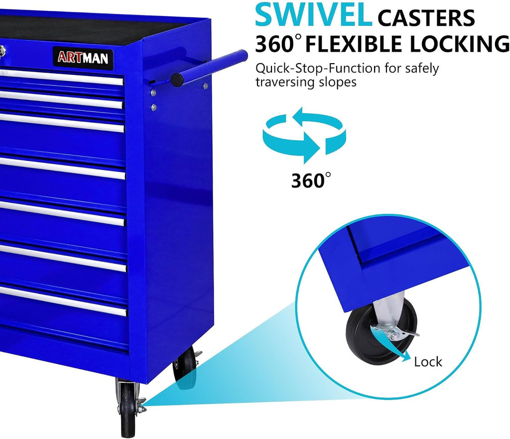 7 Drawers Rolling Tool Cart on Wheels, Multifunctional Organizer Tool Chest Tool Case, Trolley Tool Storage Tool Box for Workshop,Garage,Repair Shop (7 Drawers 24.2' W×12.9' D×29.9' H-Blue)
