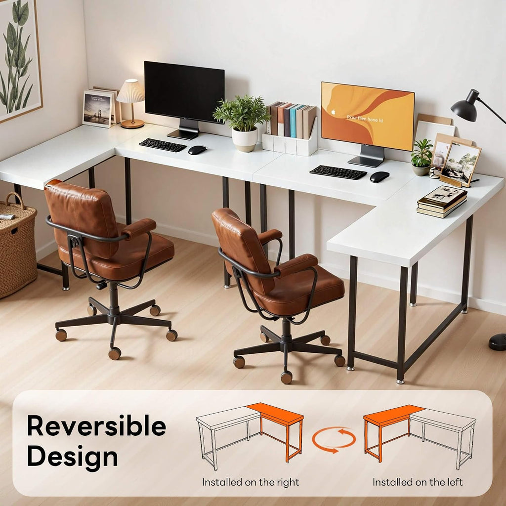 ivinta L Shaped Desk, Modern Corner Home Office Computer Desk with 2' Thicker Desktop for Study Work, Simple Reversible Worksation with Metal Frame for Bedroom Living Room Novas (White)
