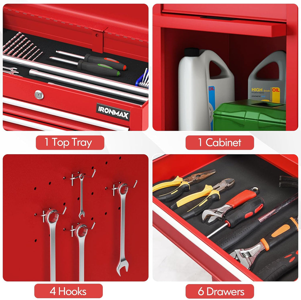 IRONMAX Tool Cabinet on Wheels, 6-Drawer Lockable Rolling Tool Chest w/ 4 Universal Wheels, 2 in 1 Detachable Tool Box Storage Organizer for Garage Workshop Repair Shop, Red