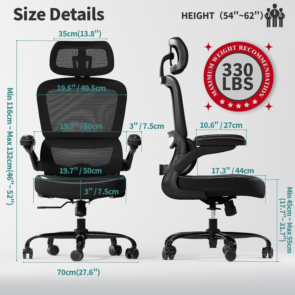 TRALT Ergonomic Office Chair - Desk Chair with Adjustable Headrest Lumbar Support Computer Chair - Mesh Comfy Chair with Flip-up Armrests - Gaming Chairs for Adults Home Office (Leather, Black)