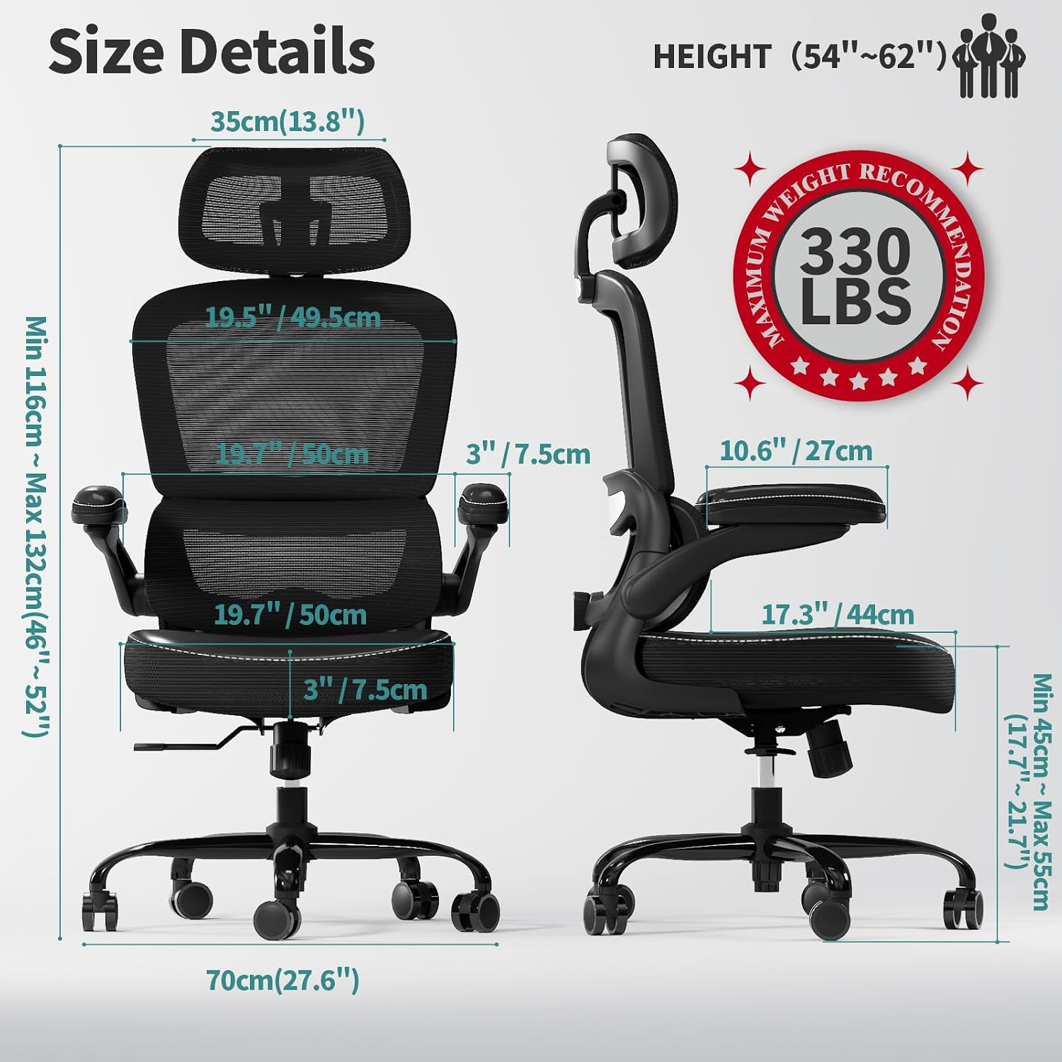 TRALT Ergonomic Office Chair - Desk Chair with Adjustable Headrest Lumbar Support Computer Chair - Mesh Comfy Chair with Flip-up Armrests - Gaming Chairs for Adults Home Office (Leather, Black)