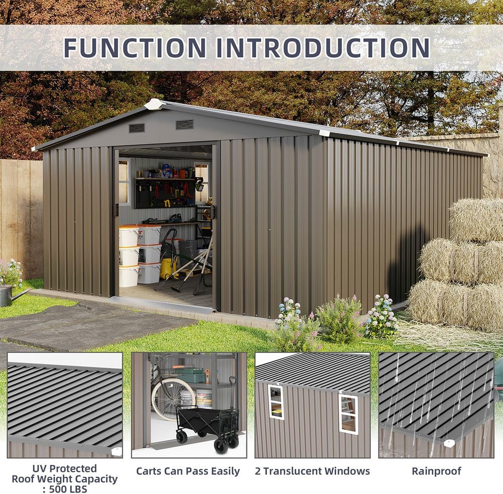 10x12 FT Outdoor Storage Shed, Extra Large Metal Garden Shed with Lockable Doors, Windows & Air Vents, Heavy-Duty Steel Backyard Utility Shed for Tools, Lawn Equipment, Motorcycles, Bikes, Patio,Brown