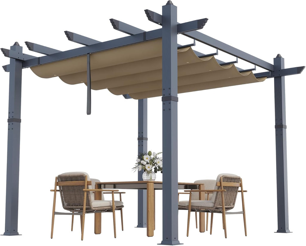 GarveeLife 10x10 ft Aluminum Pergola, Outdoor Metal Gazebo with Adjustable Canopy, Reinforced Frame Outdoor Shelter for Backyard, Patio Lawn and Deck - Khaki