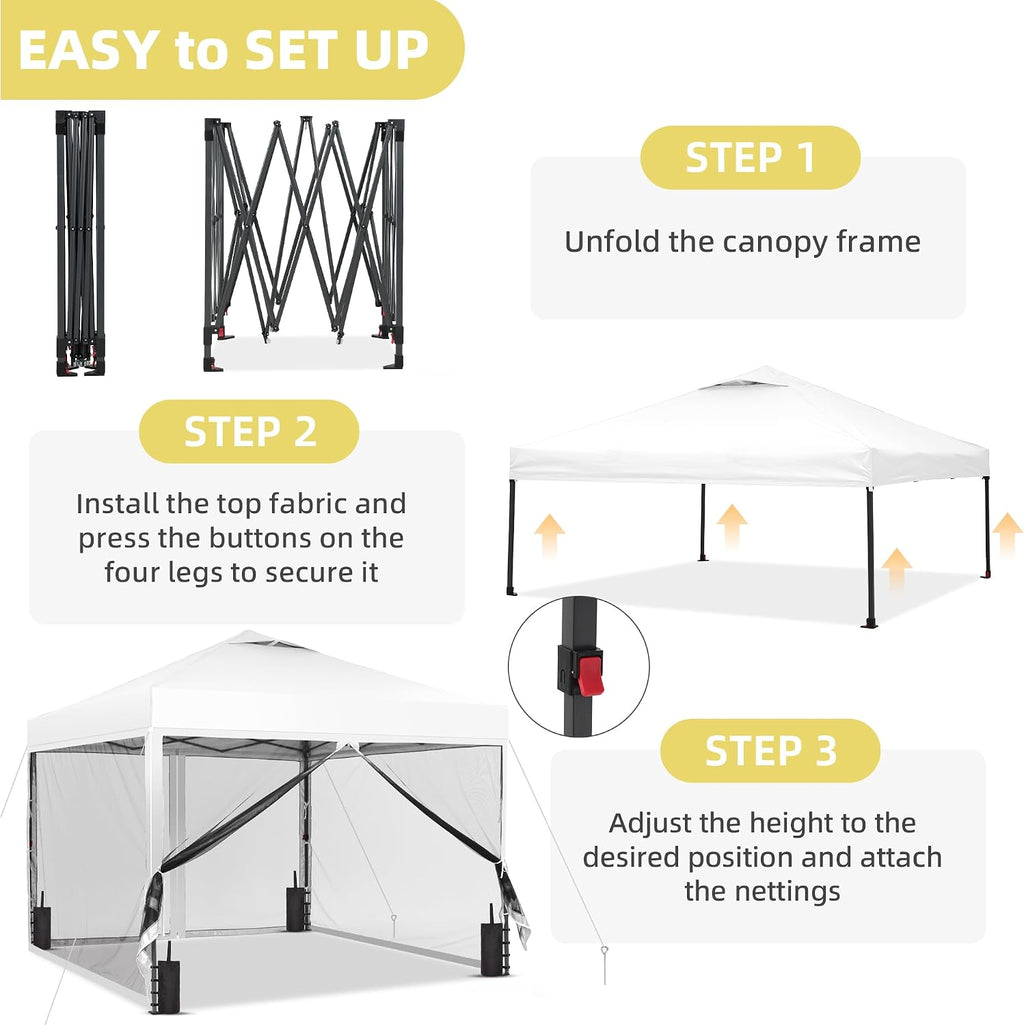GDY 10x10 Pop up Canopy Tent with Mosquito Netting, Easy up Gazebo for Patio, Camping and Garden, Includes 4 Sandbags, White