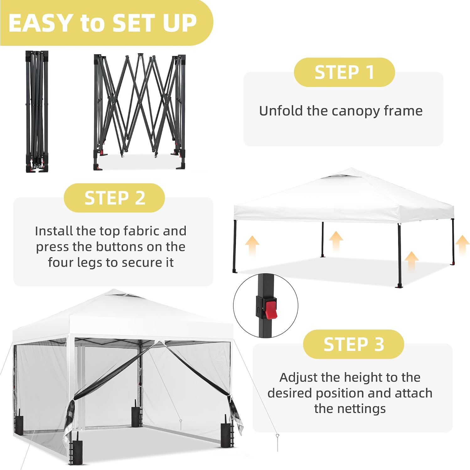 GDY 10x10 Pop up Canopy Tent with Mosquito Netting, Easy up Gazebo for Patio, Camping and Garden, Includes 4 Sandbags, White