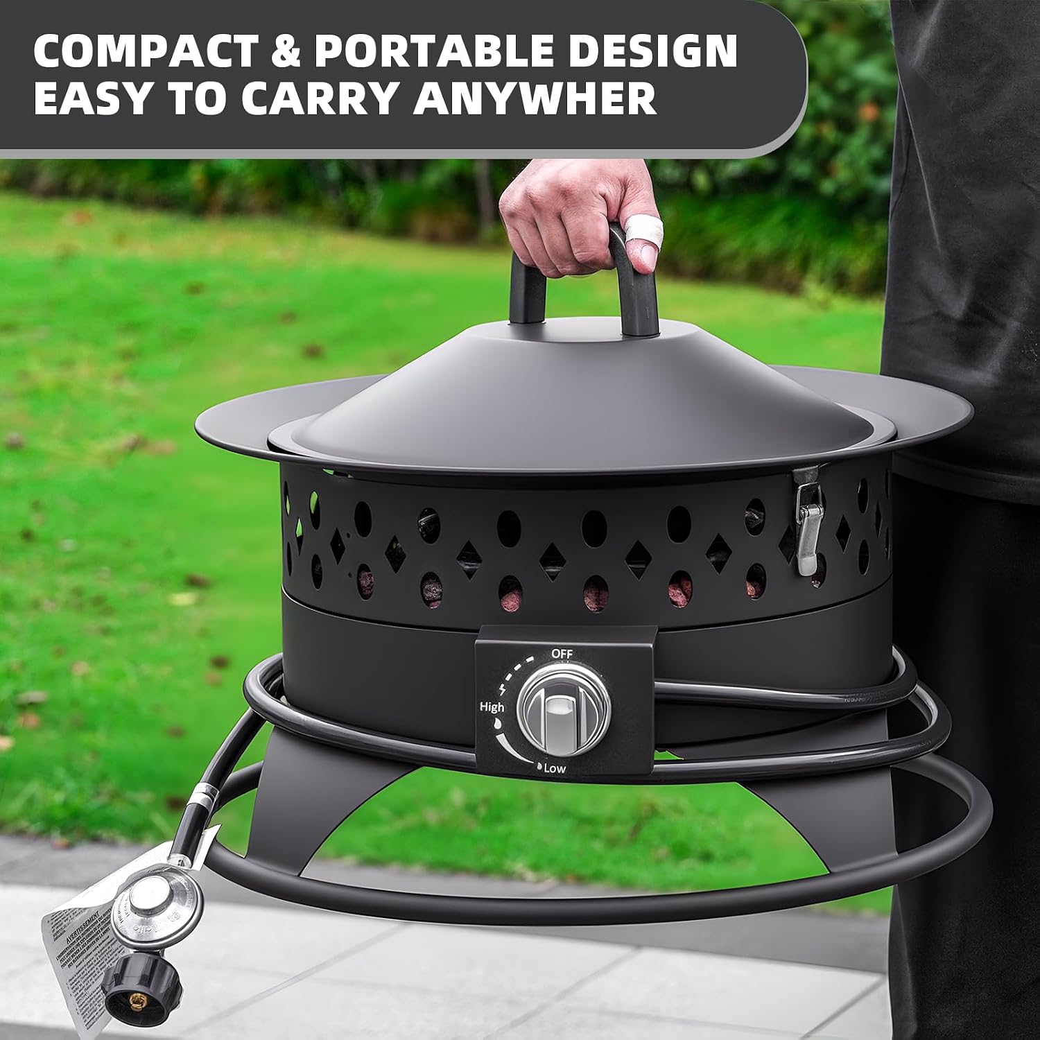 Breezz 20' Outdoor Fire Pit with Grill, 60000 BTU Smokeless Firepit, External Propane Required, Foldable Cooking Grate, Adjustable Flame, Patio Camping BBQ